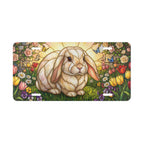 stained glass bunny floral garden vanity plate lifestyle shot — spring garden rabbit license plate