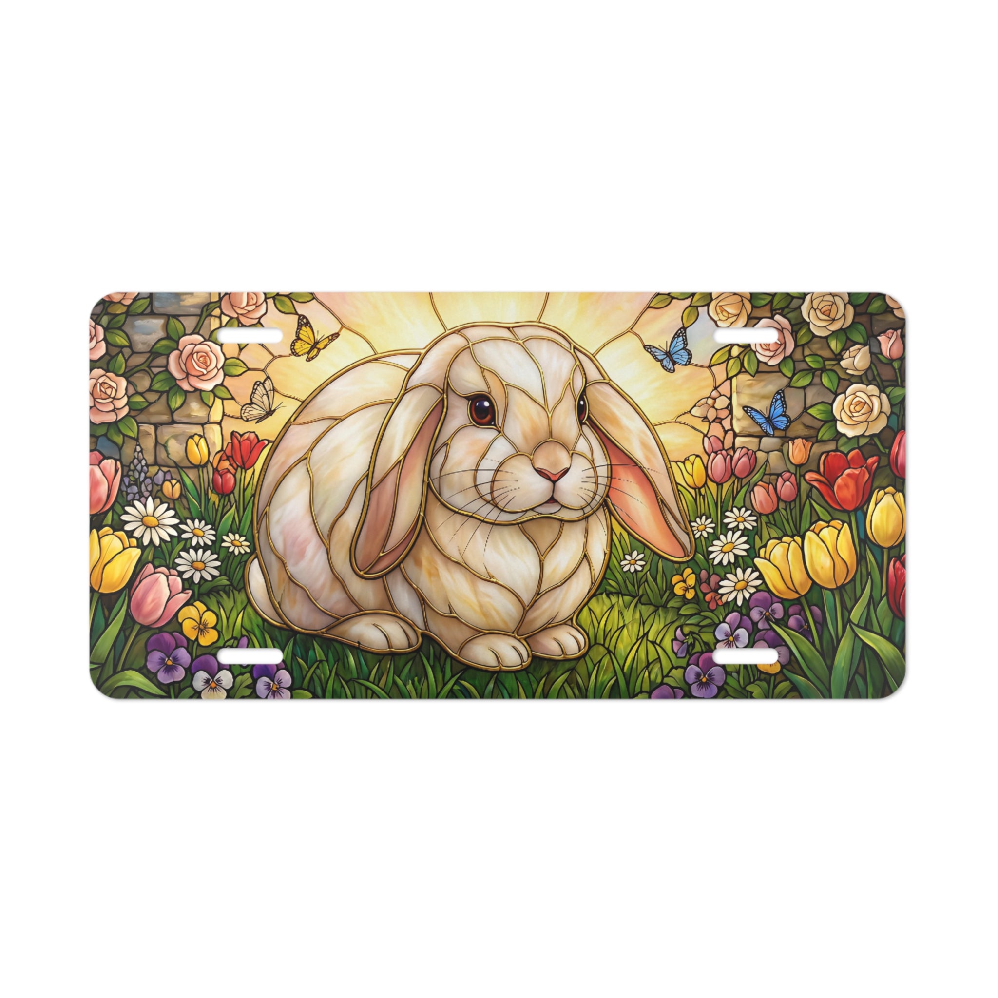 stained glass bunny floral garden vanity plate lifestyle shot — spring garden rabbit license plate