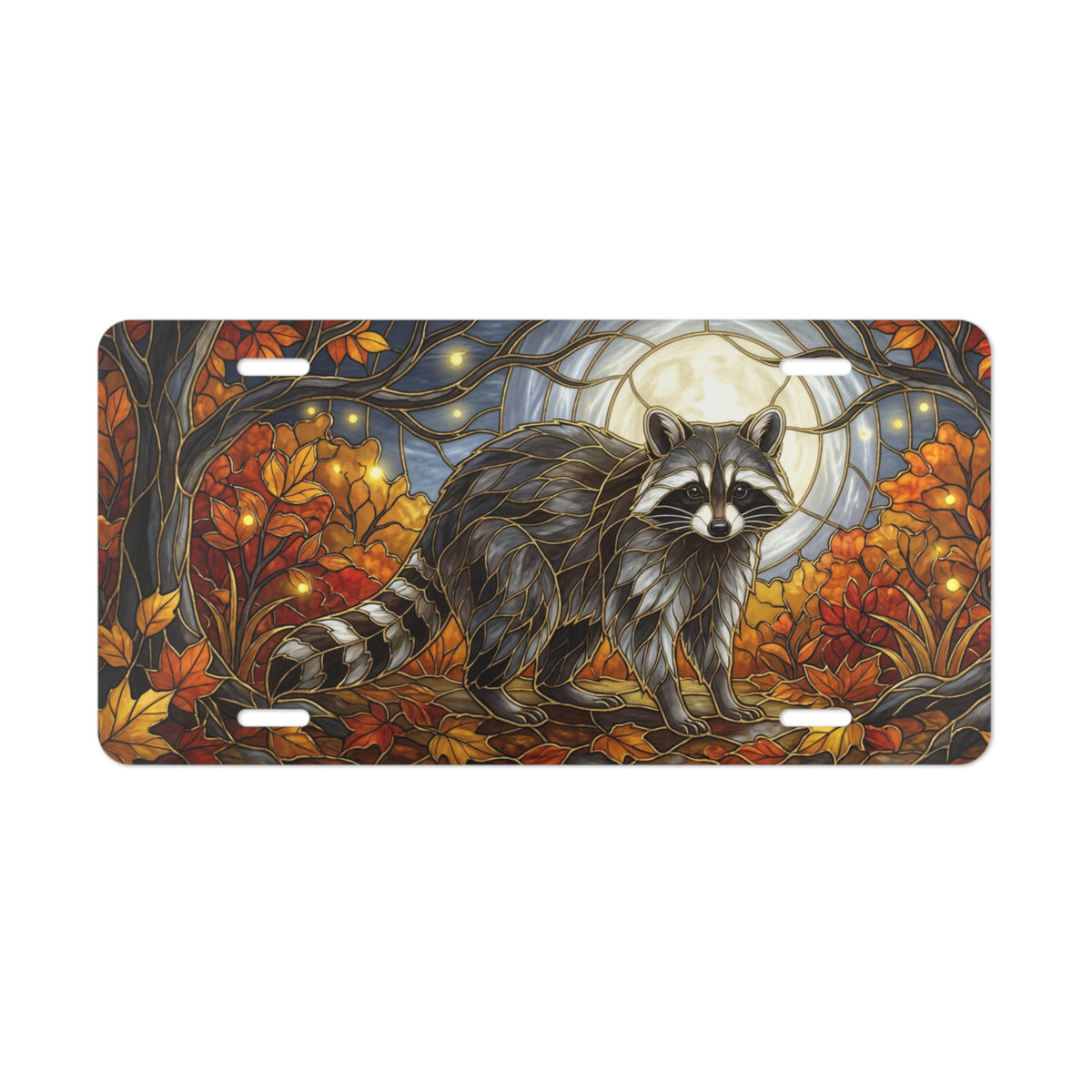 moonlit raccoon autumn forest vanity plate lifestyle shot — woodland evening license plate
