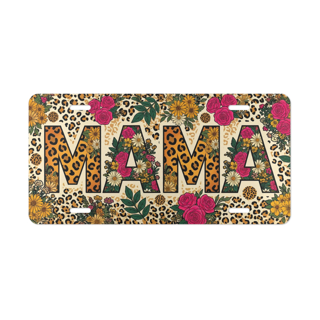 mama leopard tropical floral vanity plate — vivid leopard tropical bloom patterned MAMA license plate