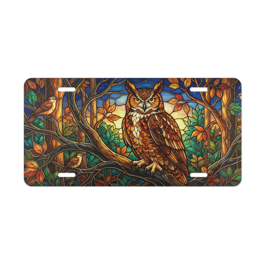 stained glass owl vanity plate — deep amber forest green twilight blue autumn owl license plate
