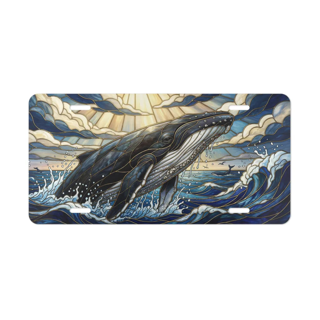 majestic whale surfacing vanity plate — deep ocean blue gold breaching whale license plate