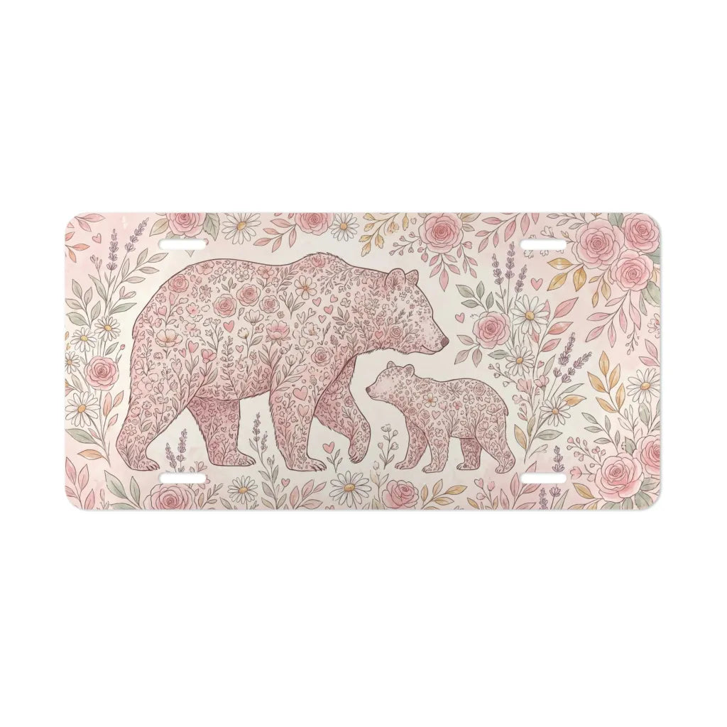 floral bear mom and cub vanity plate — blush rose sage floral nursery license plate