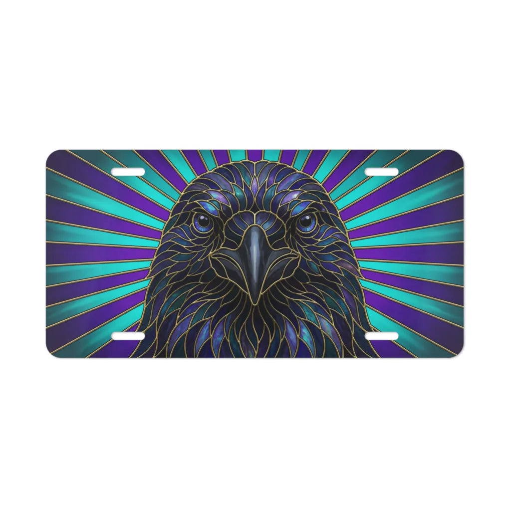 raven head radiant rays vanity plate — jewel-tone blue purple teal stained glass license plate