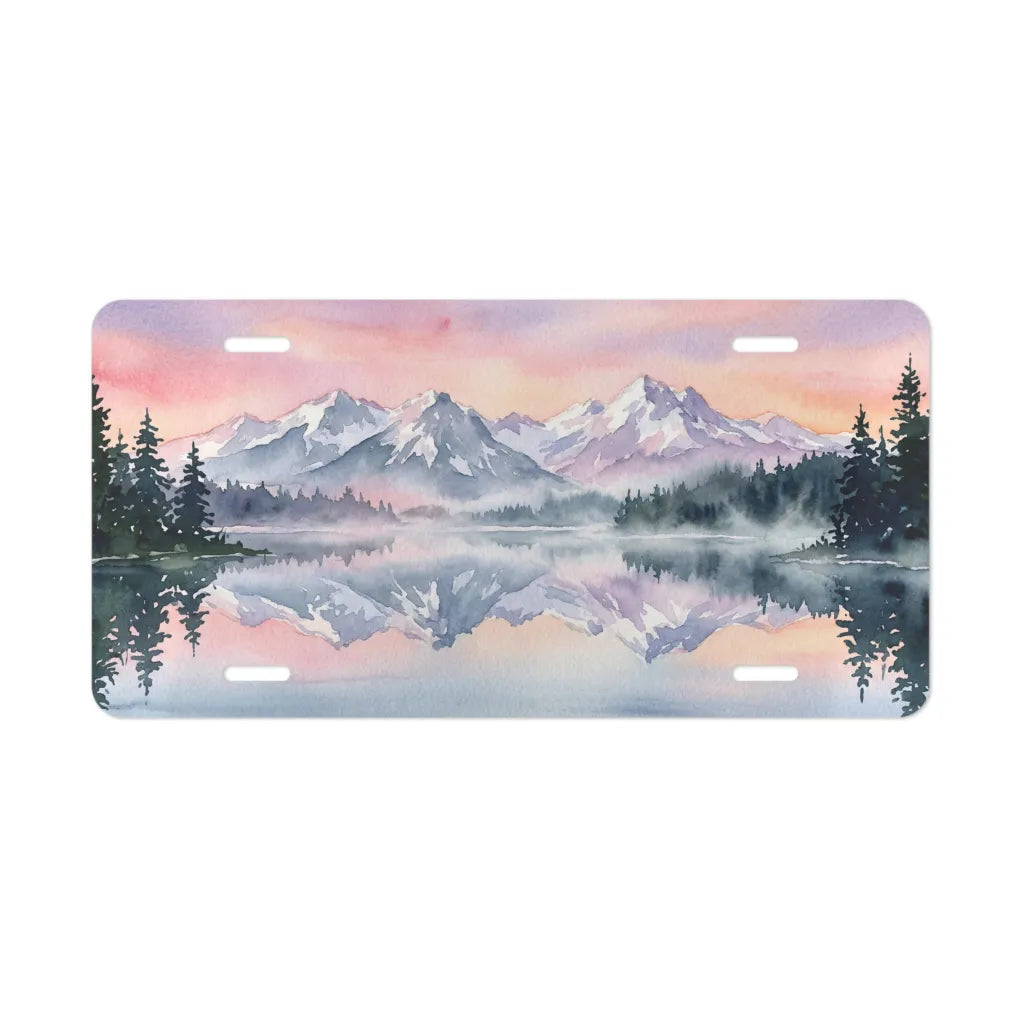 mountain lake reflection vanity plate — soft pink lavender and mist blue watercolor license plate