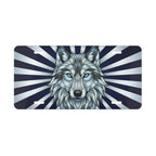 blue wolf face vanity plate — cool navy icy blue stained glass wolf license plate