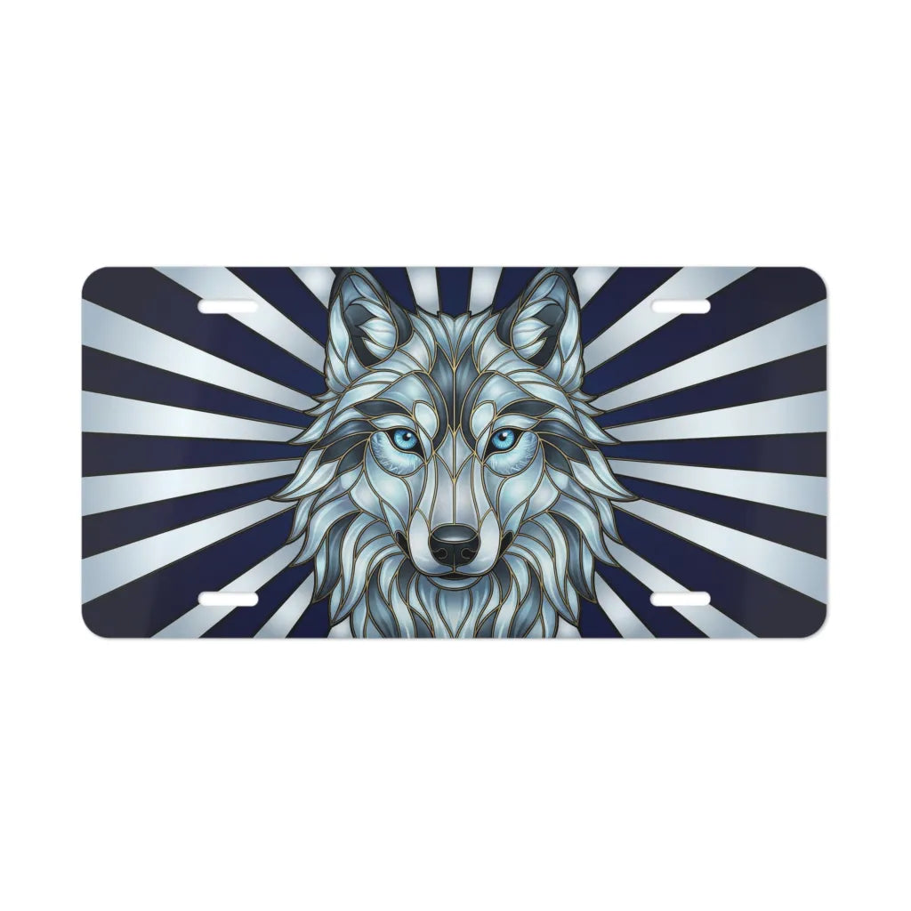 blue wolf face vanity plate — cool navy icy blue stained glass wolf license plate