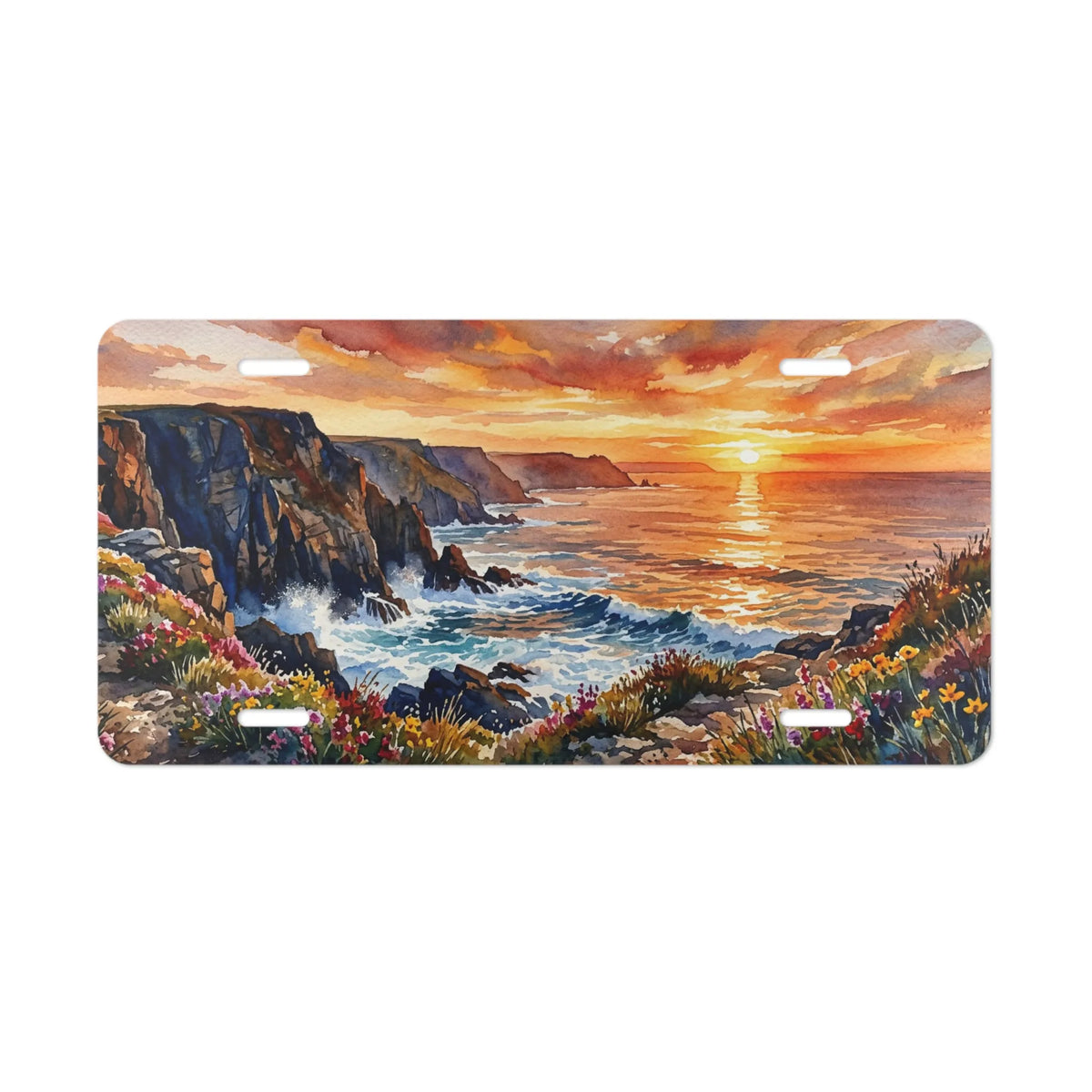 coastal sunset cliffs vanity plate — warm gold and violet graphic illustration license plate