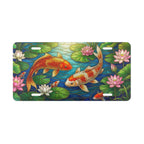koi fish pond vanity plate — vivid orange koi blue-green ripples water lily license plate