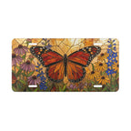 monarch butterfly floral vanity plate — vivid orange butterfly over purple wildflower meadow license plate