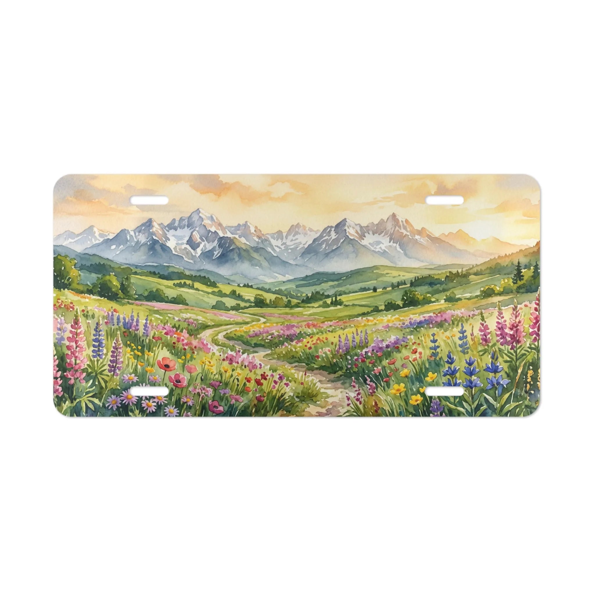 wildflower meadow mountain vanity plate — watercolor lupine poppies and snow peaks license plate