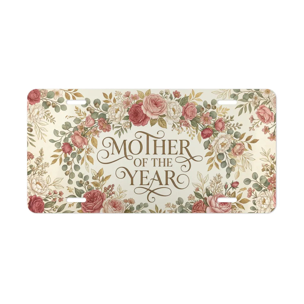 mother of the year vanity plate — dusty pink sage vintage rose floral license plate