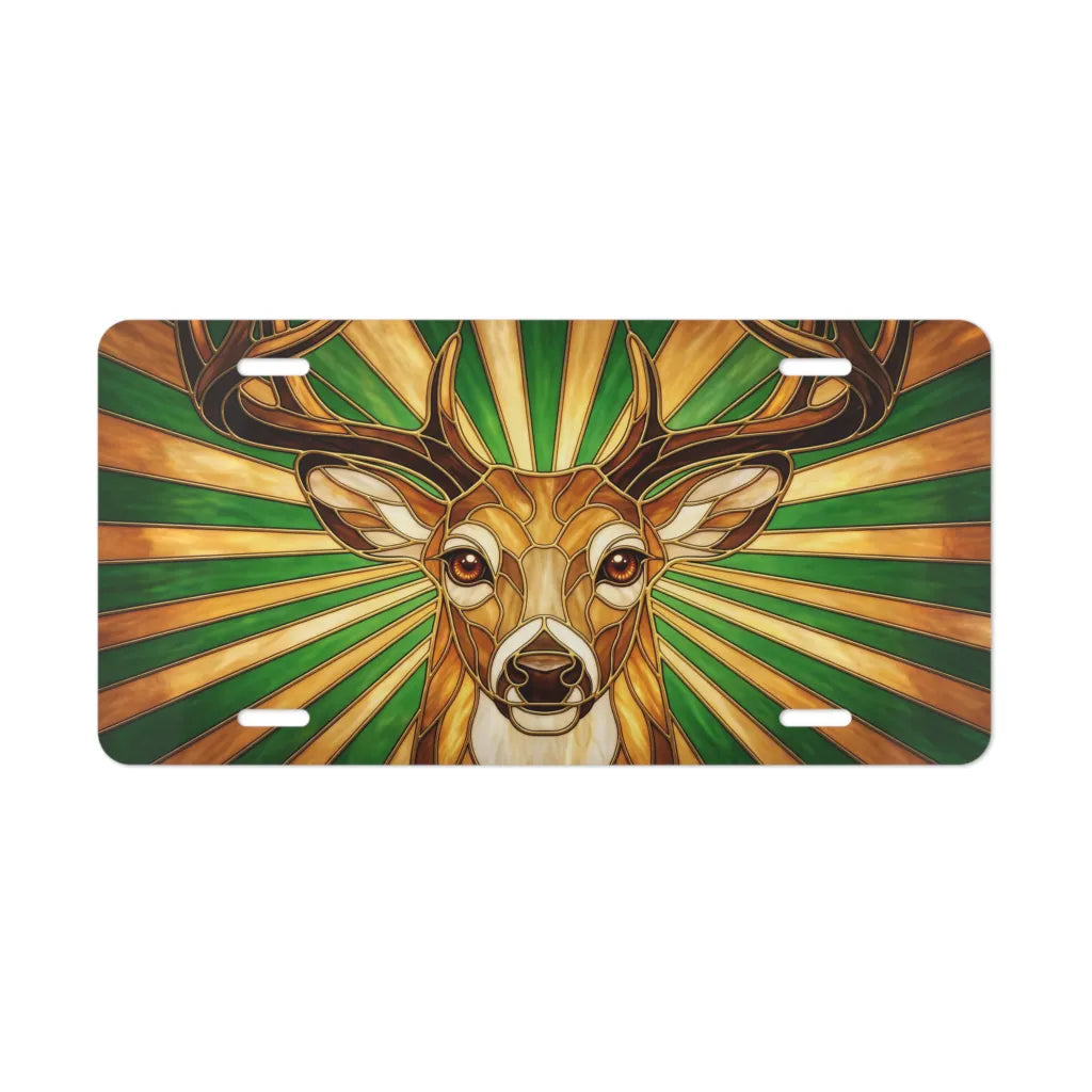 stag portrait vanity plate — warm amber forest green stained glass deer license plate