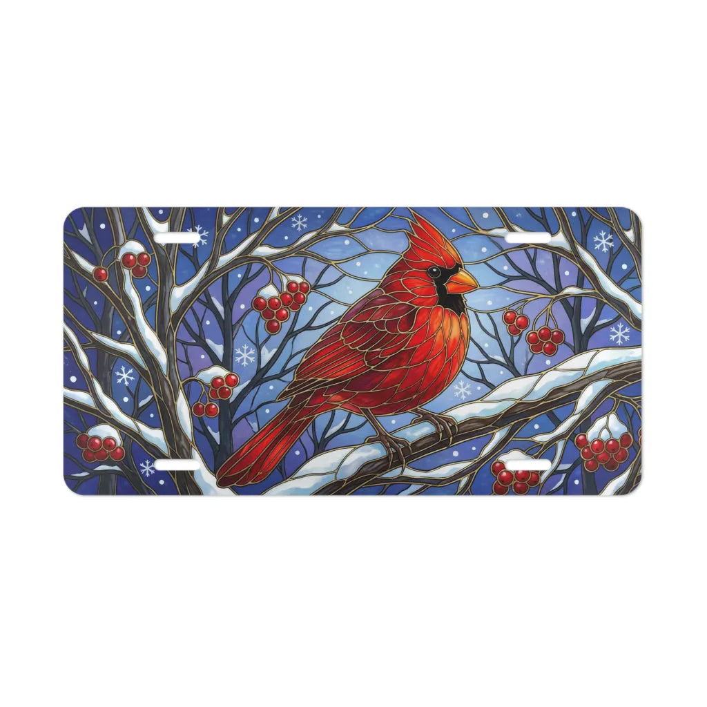cardinal snowy branch vanity plate — vivid scarlet red cardinal snow-dusted branch license plate