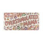 overstimulated mama pastel collage vanity plate — coffee cups baby socks blocks license plate