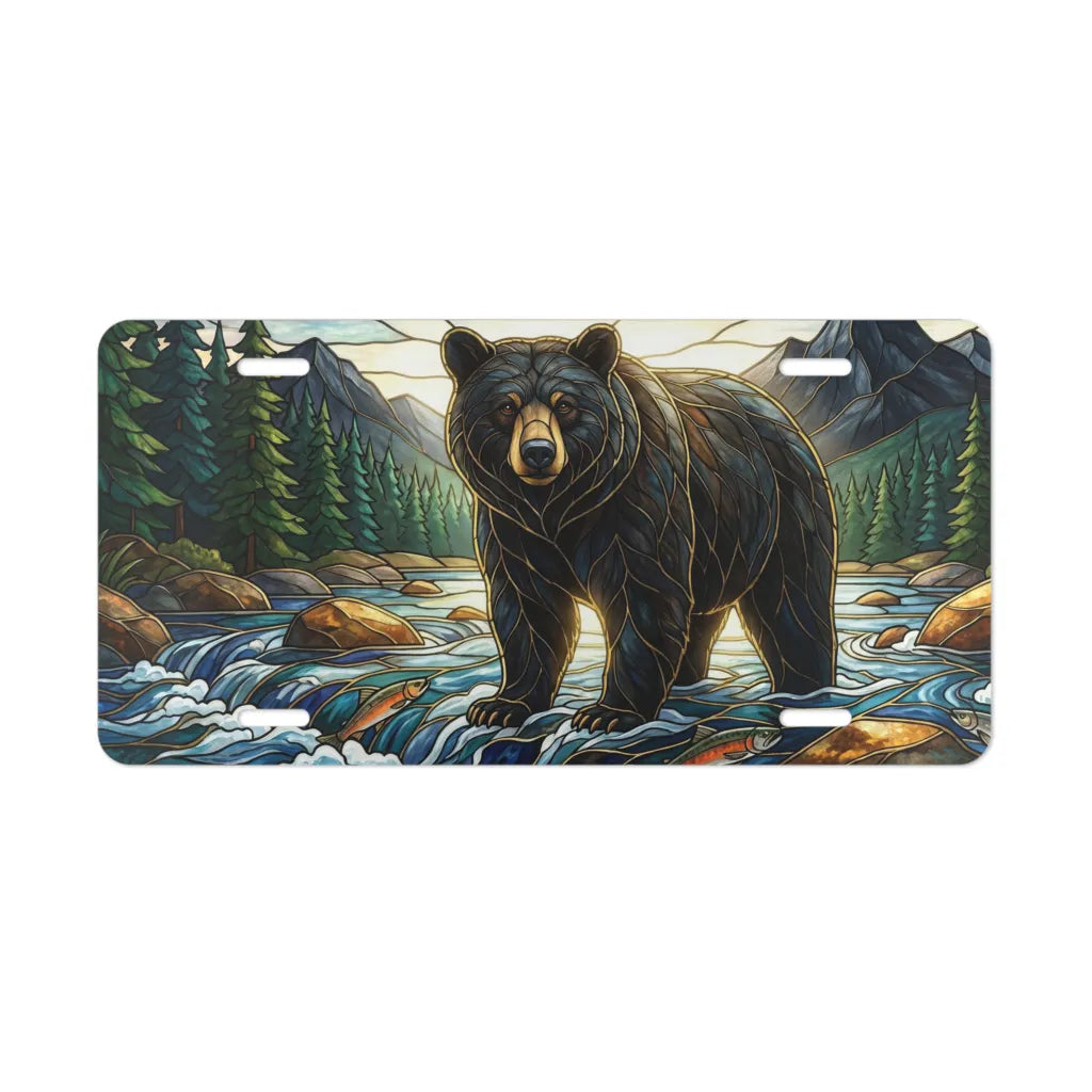 mountain river bear vanity plate — black bear mid-stream pine forest river license plate