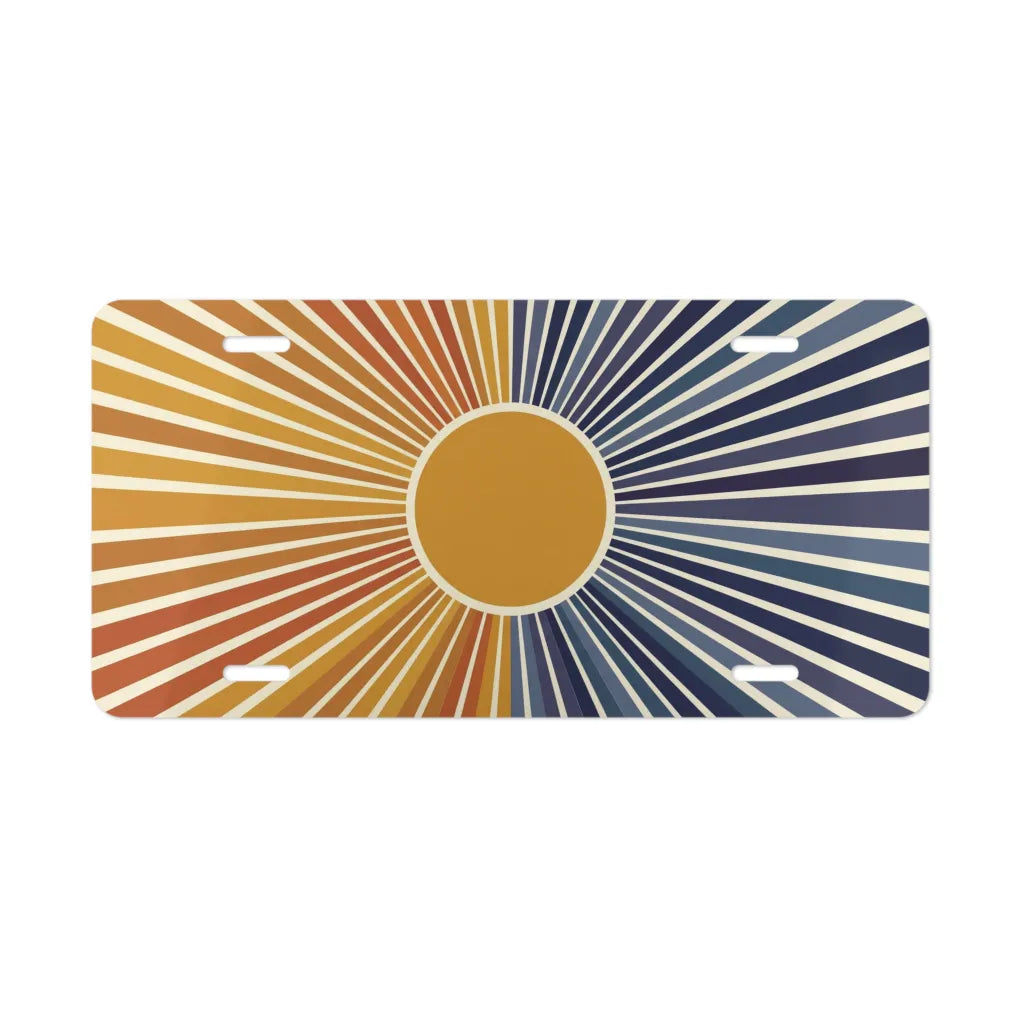 retro sunburst indigo sunrise vanity plate — warm amber peach and deep indigo license plate