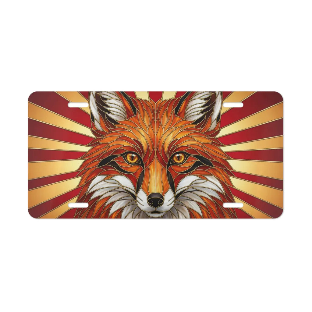 red fox face vanity plate — vivid burnt red amber gold stained glass fox license plate