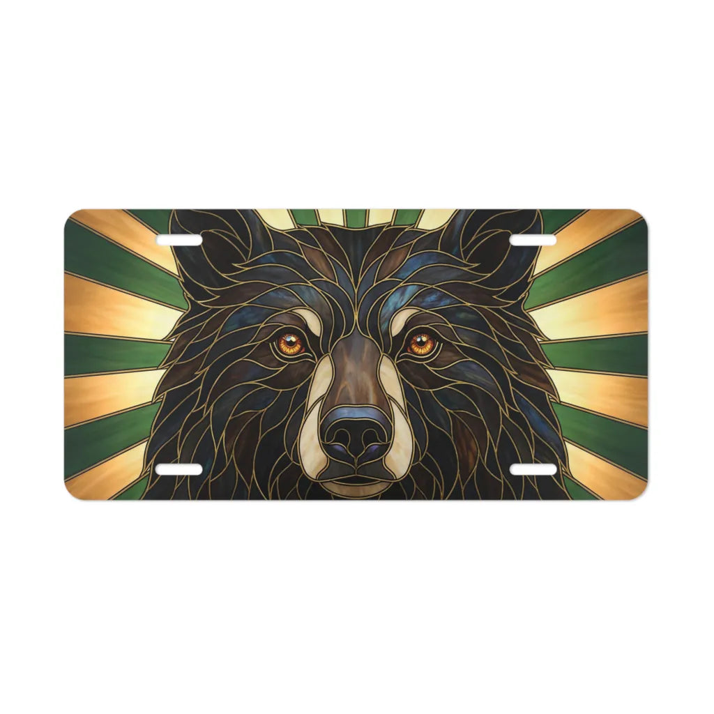 woodland bear face vanity plate — deep brown black ink stained glass bear forest license plate