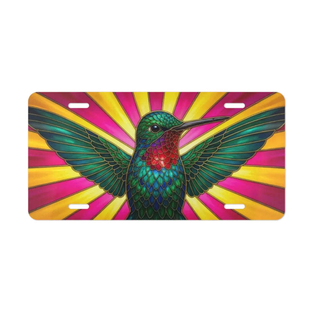 colorful hummingbird vanity plate — jewel-tone emerald sapphire bird on radiant sunburst license plate