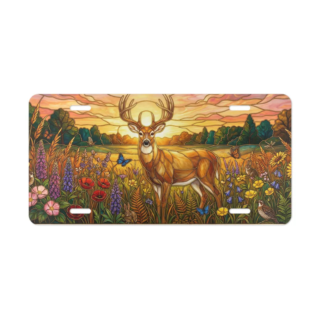 sunset deer meadow vanity plate — proud buck wildflower meadow golden amber license plate
