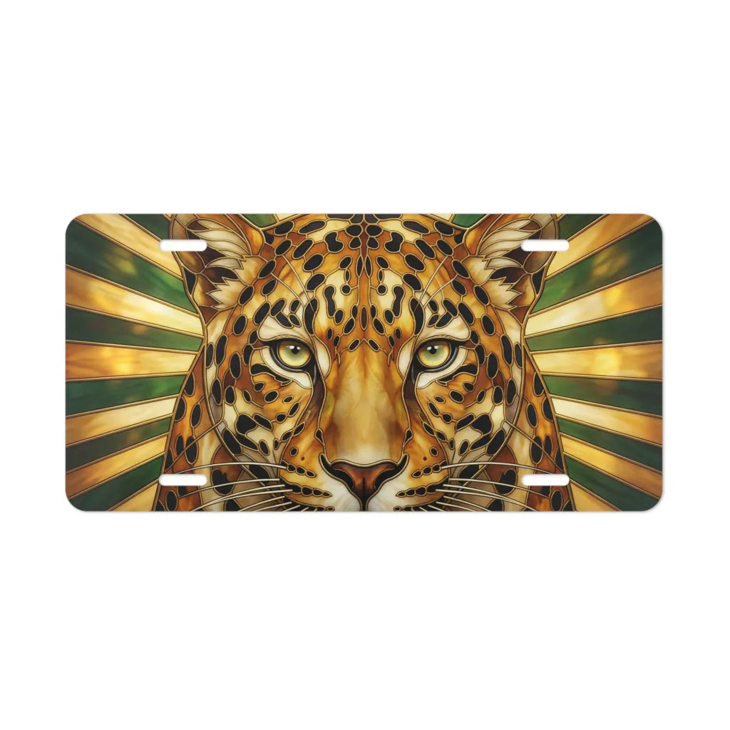 leopard face vanity plate — golden ochre green stained glass leopard sunburst license plate
