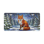 red fox snowy forest vanity plate — warm amber fox snow-dusted pines winter license plate