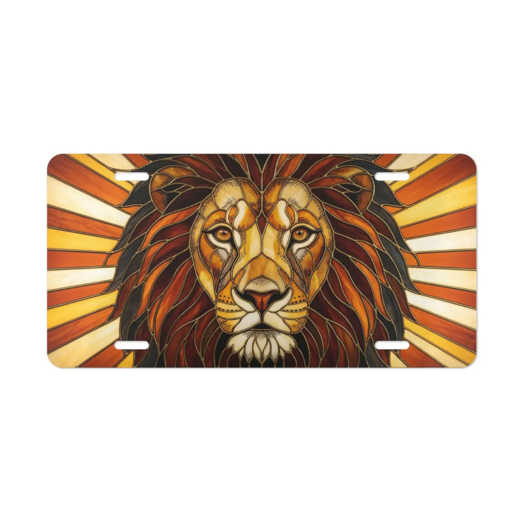 majestic lion face vanity plate — warm amber rust ochre stained glass lion license plate
