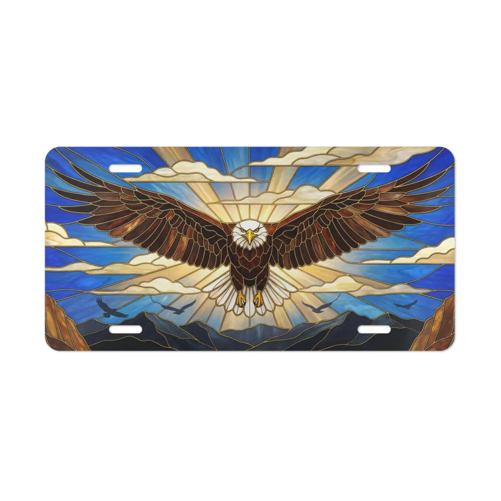 stained glass eagle vanity plate — soaring bald eagle cobalt gold sunrise license plate