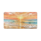 sunset beach scene vanity plate — soft pink gold and ocean blue coastal license plate