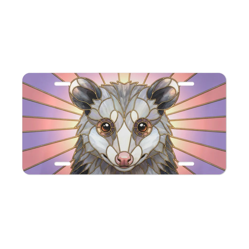 possum portrait vanity plate — stained glass opossum soft pink lavender pastel license plate