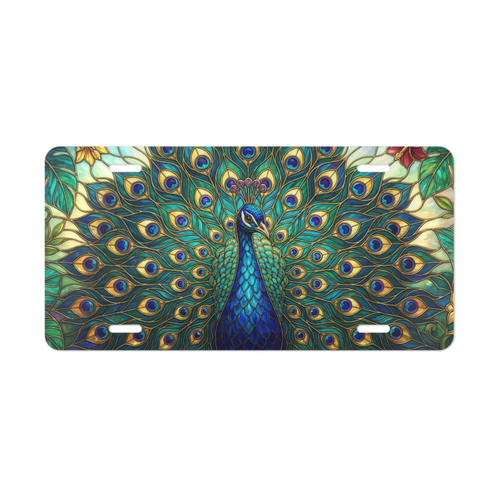 peacock feathers vanity plate — jewel-tone teal emerald gold iridescent feathers license plate