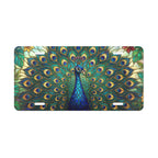 peacock feathers vanity plate — jewel-tone teal emerald gold iridescent feathers license plate