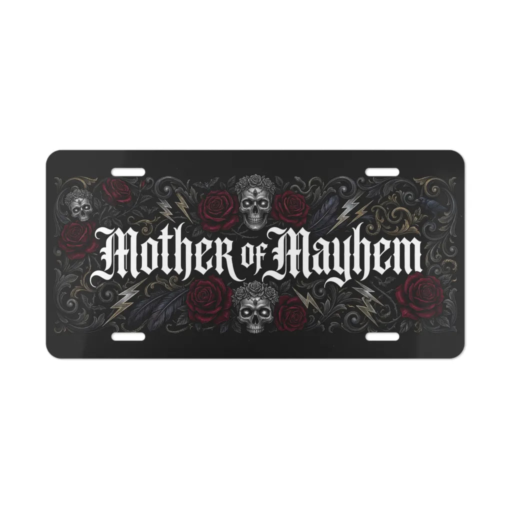 mother of mayhem vanity plate — gothic skull rose matte black license plate
