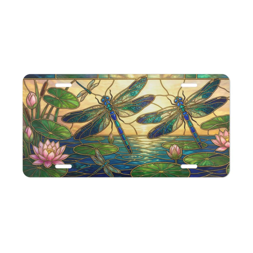 stained glass dragonflies vanity plate — jewel teal violet dragonfly water lily license plate