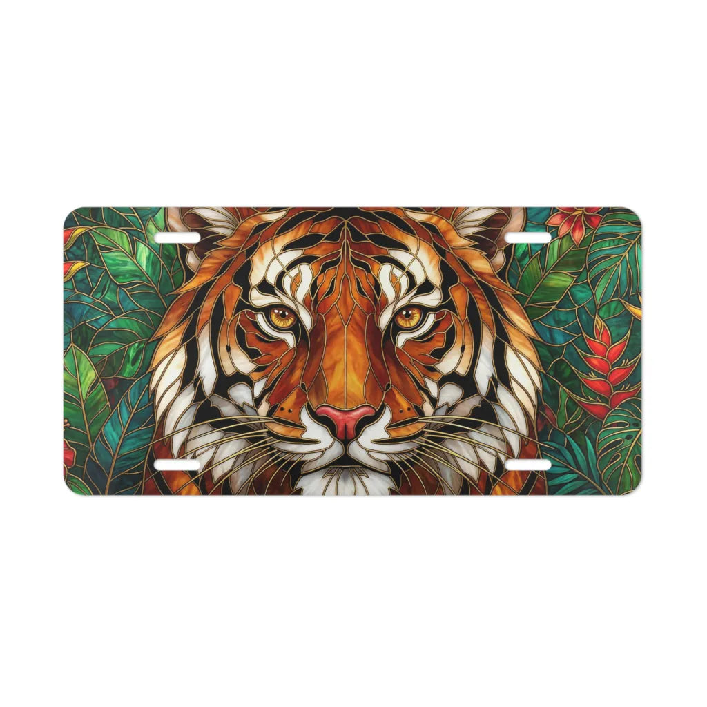 stained glass lion vanity plate — rich amber gold ochre lion portrait license plate