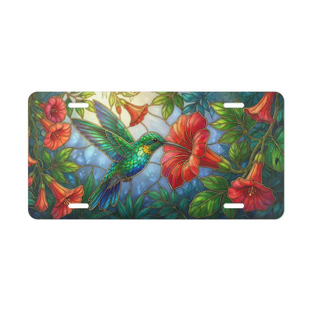 hummingbird hibiscus vanity plate — vivid electric blue emerald red hibiscus license plate