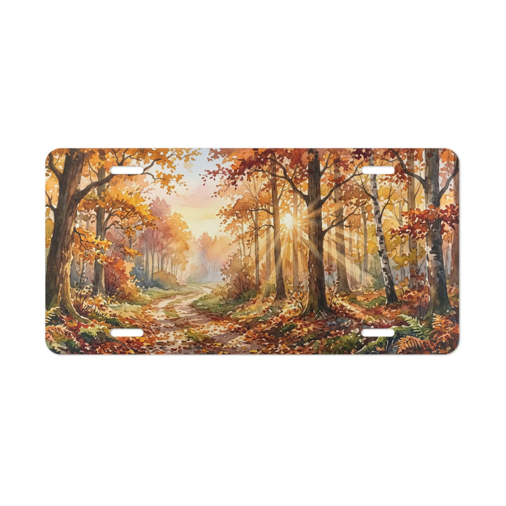 autumn sunlit path vanity plate — warm gold amber and rust forest watercolor license plate