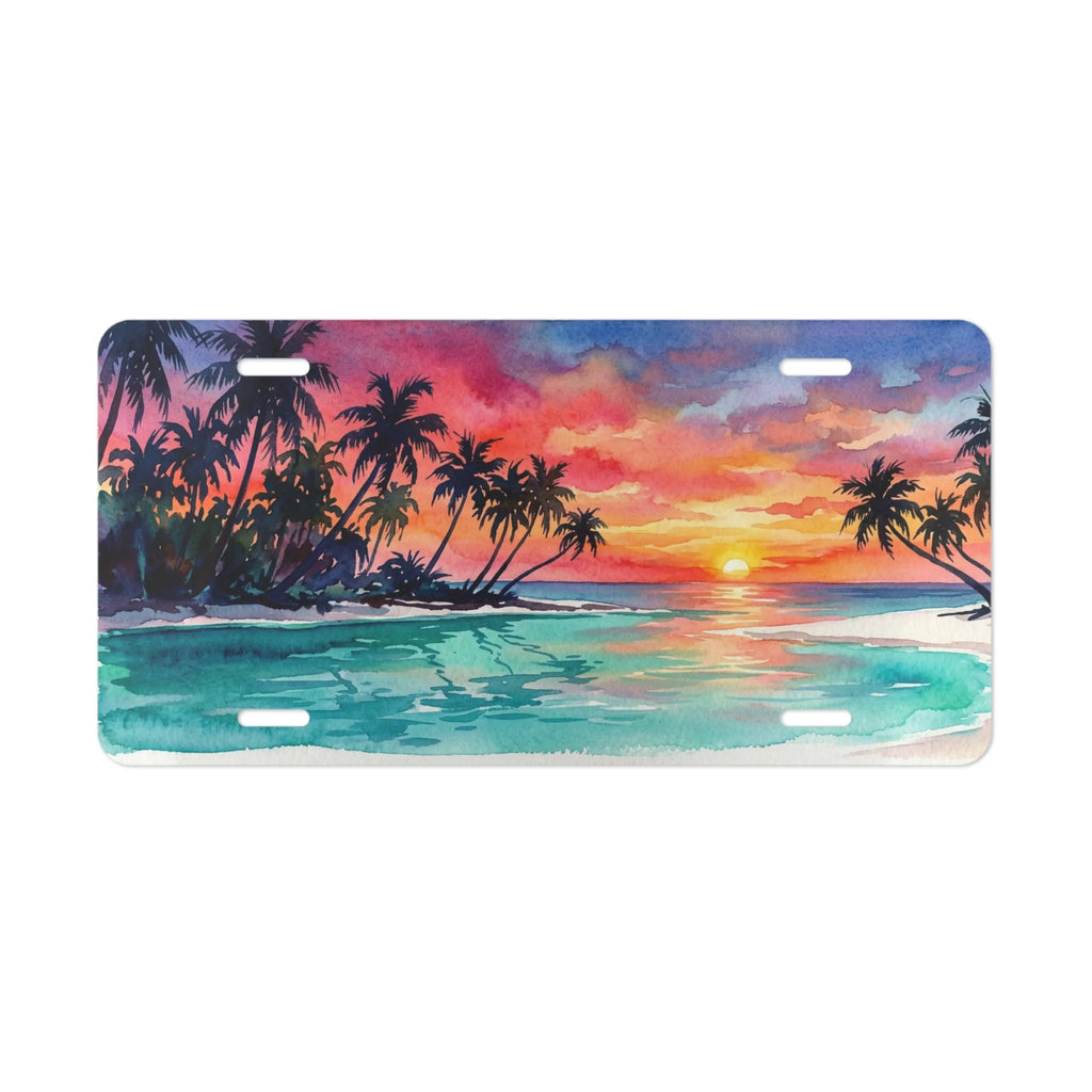 tropical sunset beach vanity plate — fuchsia orange and teal palm silhouette watercolor license plate