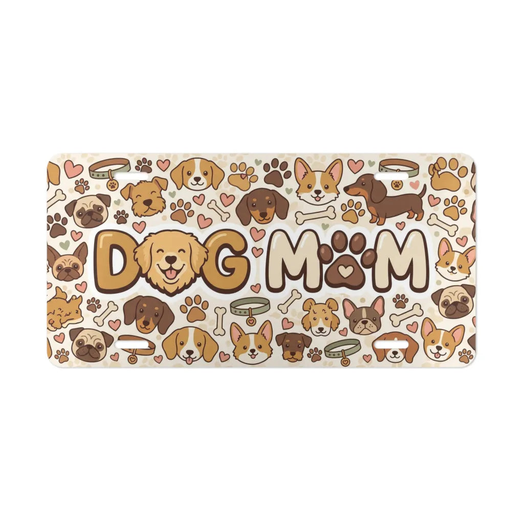 dog mom paw print vanity plate — happy dog face bone halo license plate