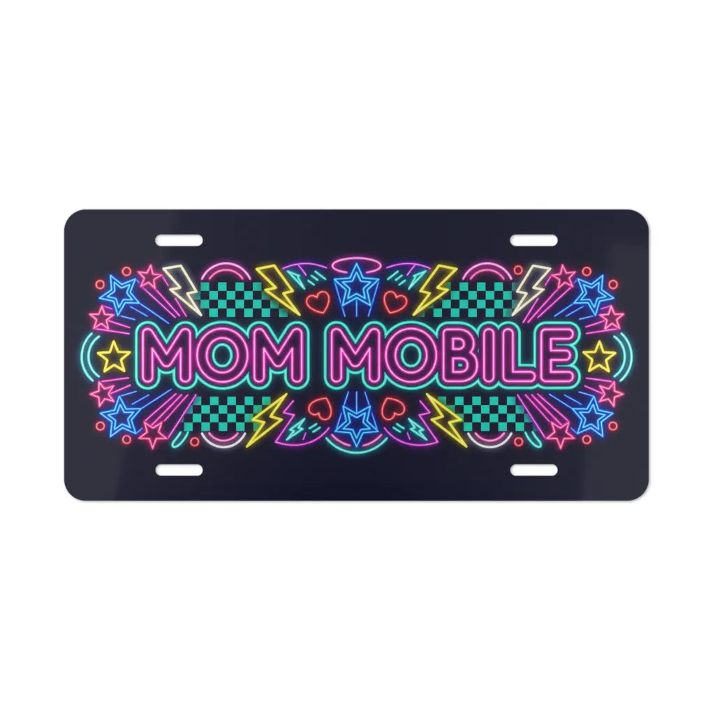 mom mobile vanity plate — neon pink blue yellow retro MOM MOBILE license plate