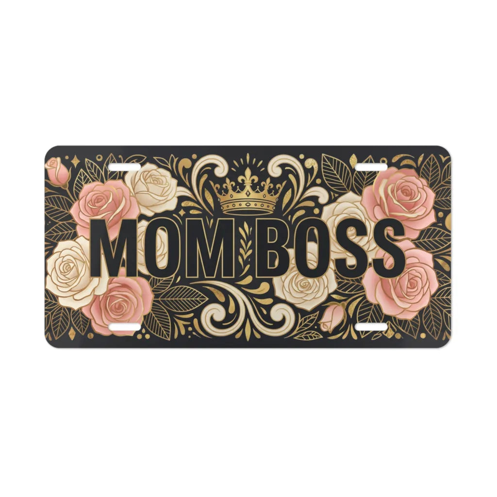 mom boss vanity plate — blush rose gold scrollwork crown license plate