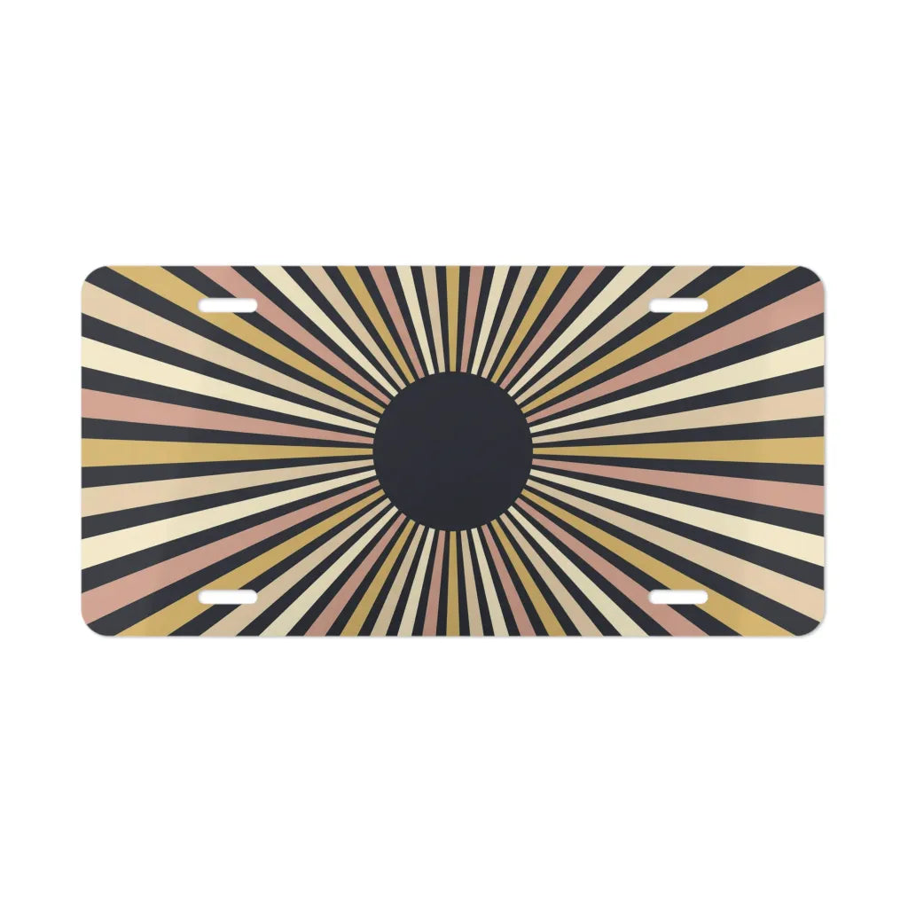 retro striped sunburst vanity plate — cream mustard terracotta and black rays license plate