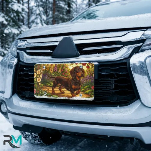 dachshund garden vanity plate on car in snowy setting — jewel tone dachshund floral garden design