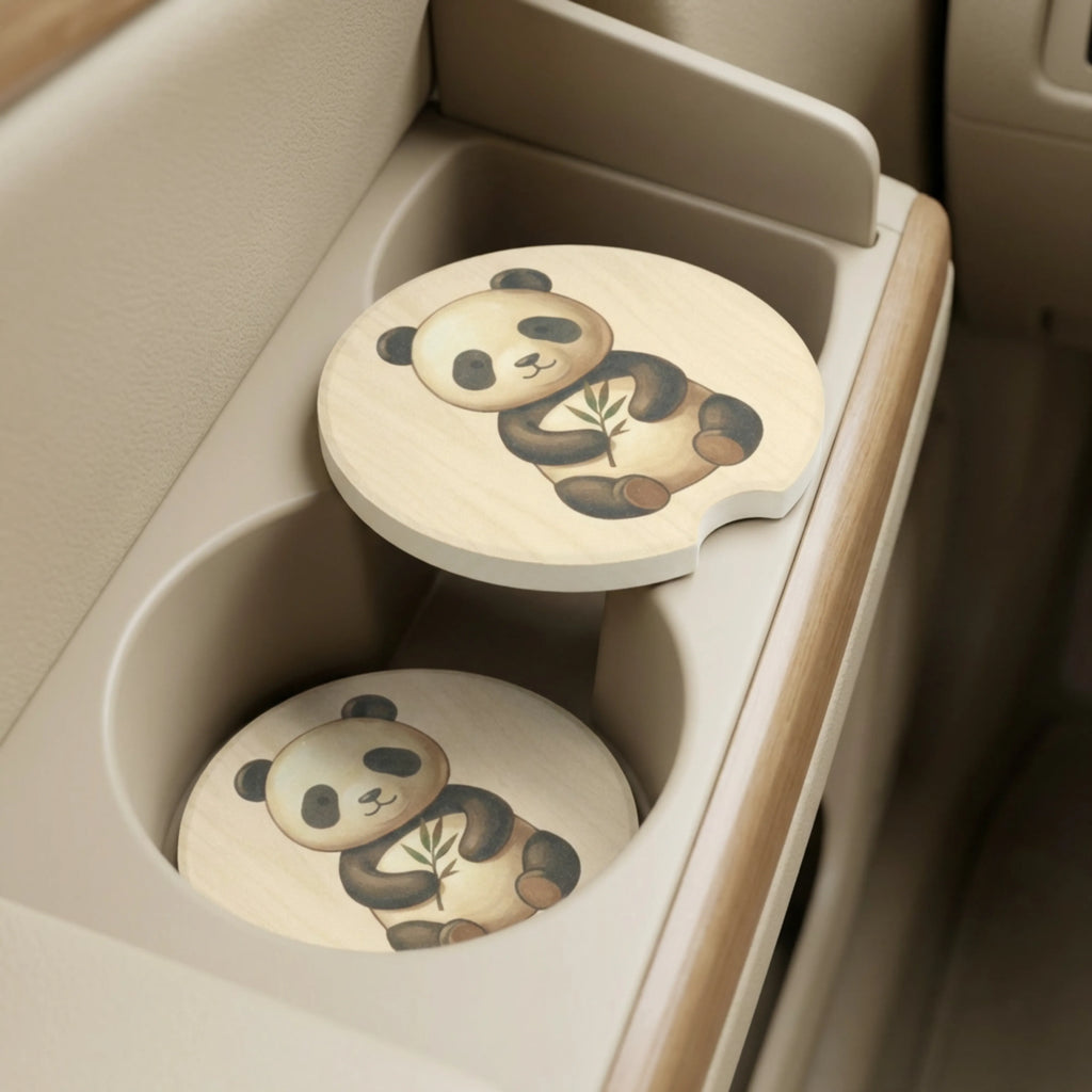kawaii panda soapstone coaster in vehicle cup holder — cute car accessory