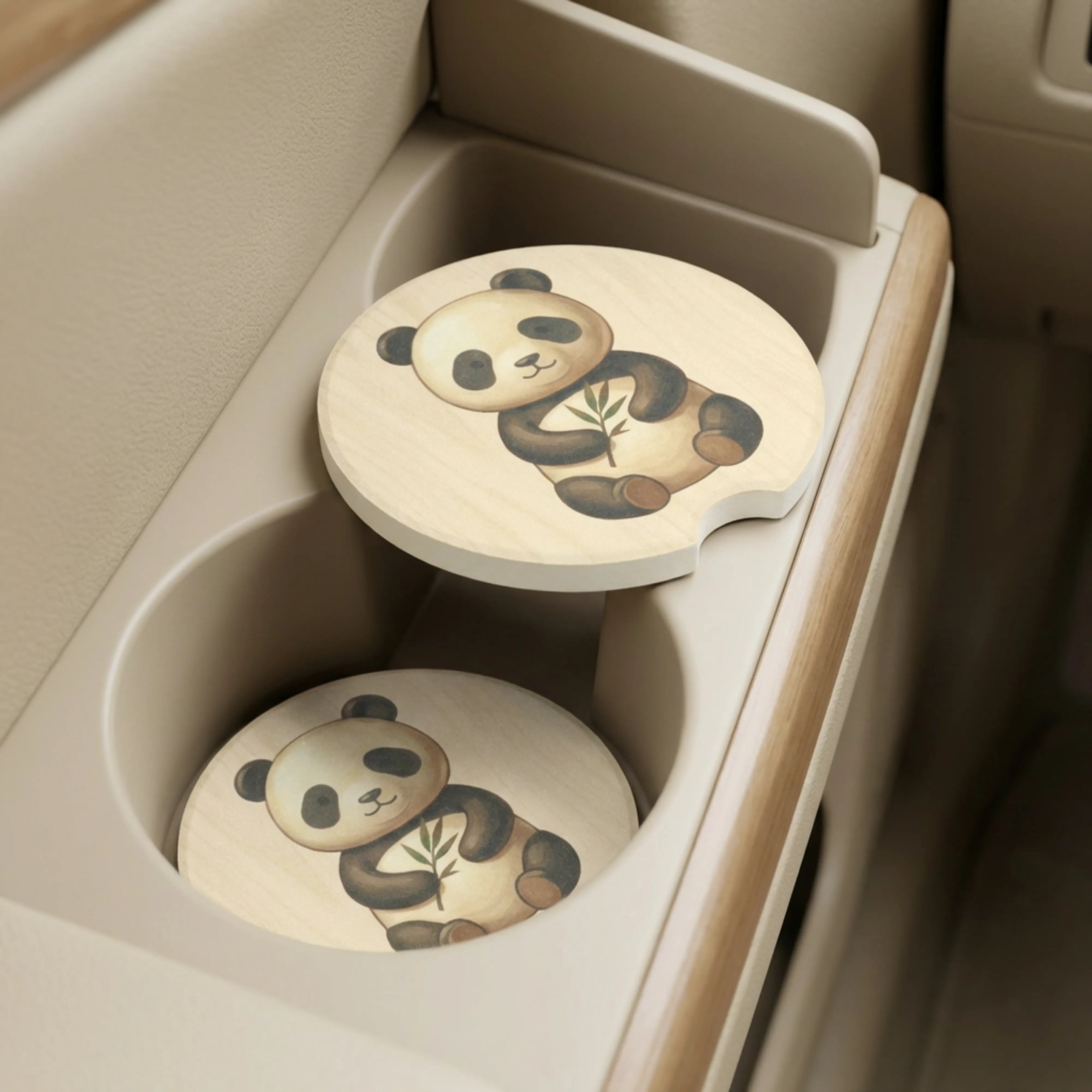 kawaii panda soapstone coaster in vehicle cup holder — cute car accessory