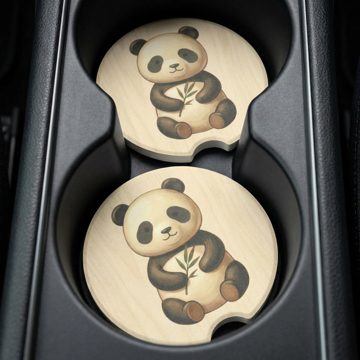 panda car coaster close-up showing soft matte watercolor print detail