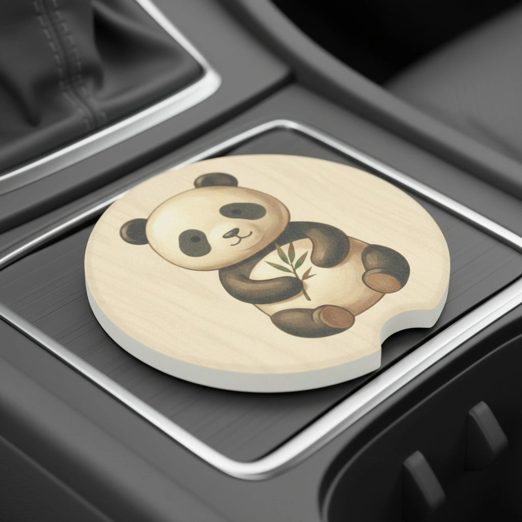 soapstone drink coaster with bamboo panda design — fits most car cup holders
