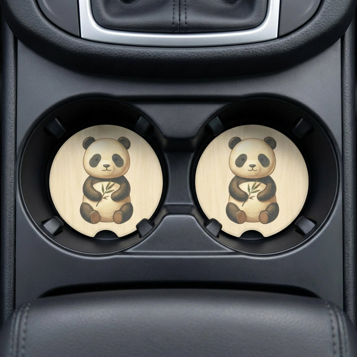 panda bamboo watercolor coaster in cup holder lifestyle shot — calm commute