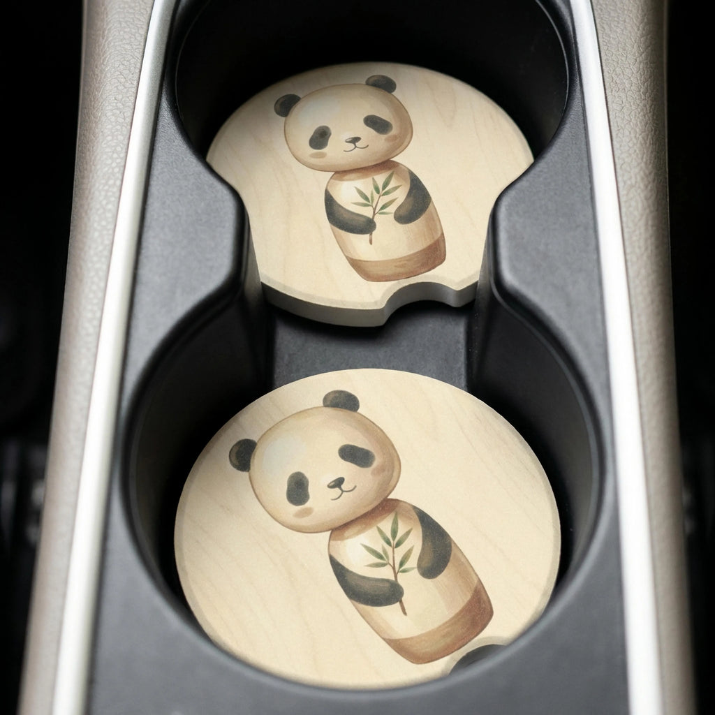 kawaii panda coaster in vehicle cup holder — watercolor bamboo car accessory